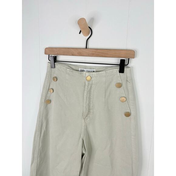 Zara Gold Button Cropped Wide Leg Jeans Womens Size 2 Cream Khaki Sailor Denim - Picture 3 of 9